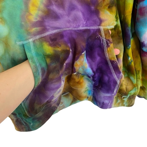 Handmade Tie Dye Hoodie Sweatshirt Pullover Mens Large Unisex Upcycled Pocket - Picture 5 of 10